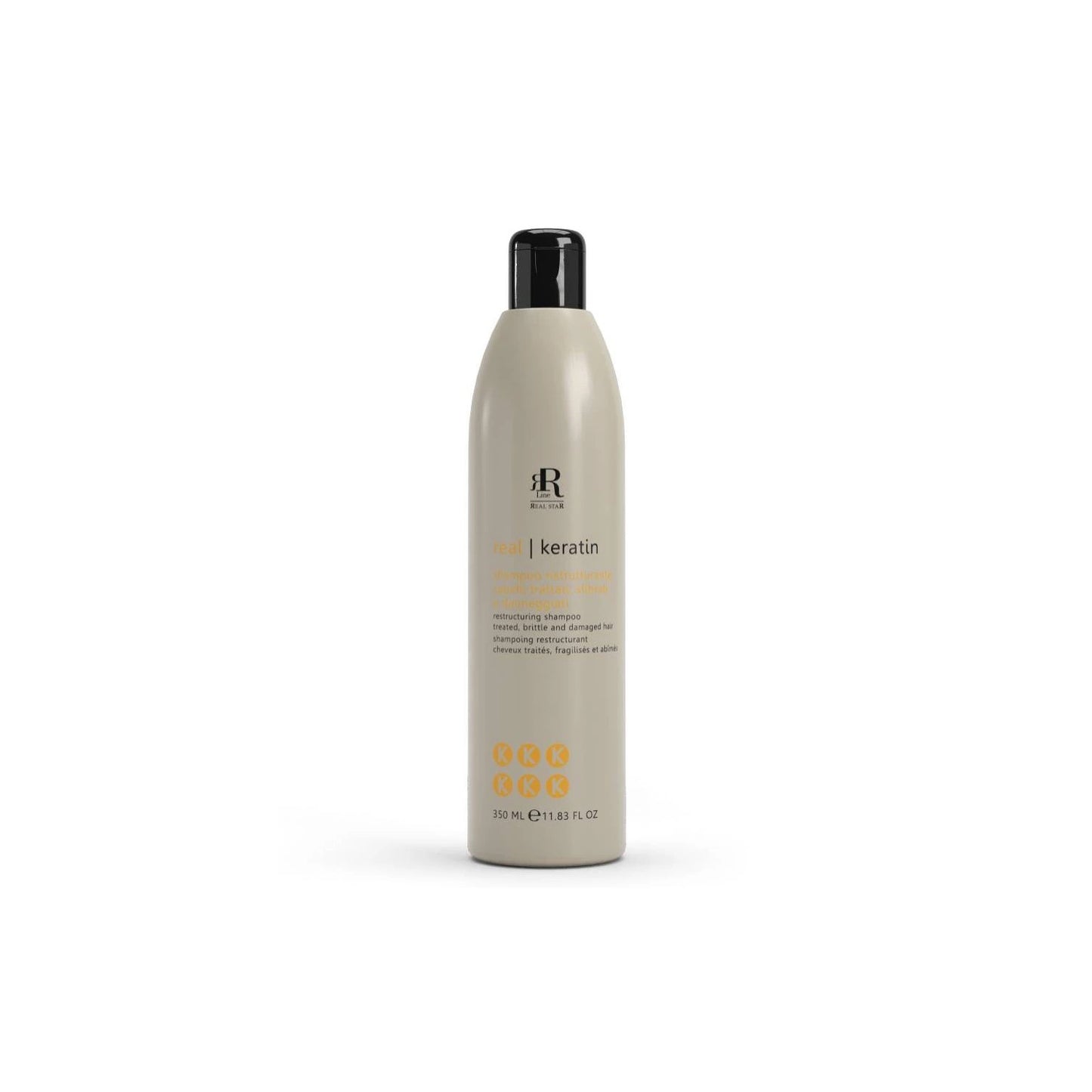 Real Keratin restructuring shampoo for treated, brittle, and damaged hair in 350ml bottle
