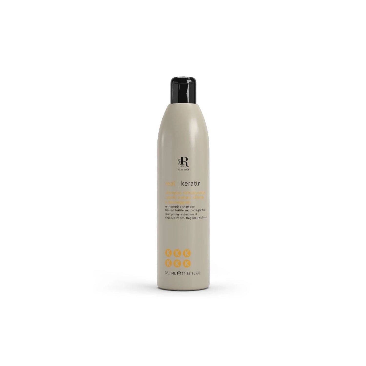 Real Keratin restructuring shampoo for treated, brittle, and damaged hair in 350ml bottle