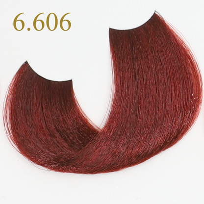 Rich red hair swatch 6.606 for professional salon coloring and beauty treatments