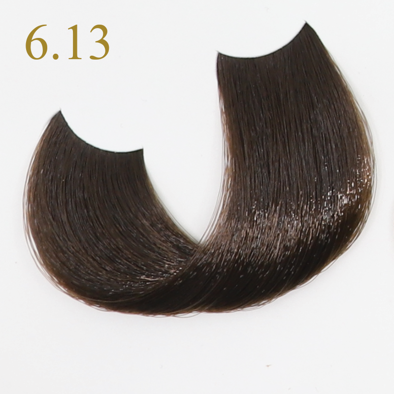 Dark brown hair swatch 6.13, smooth texture, beauty product sample