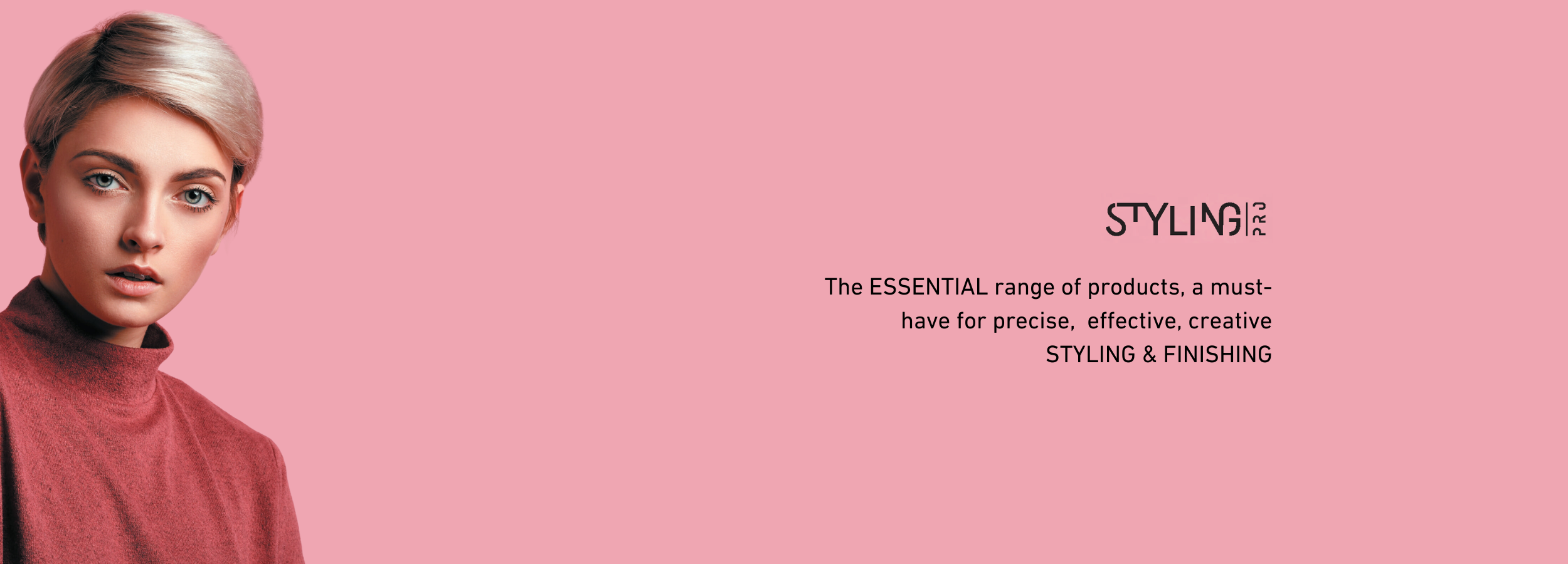 Woman with short blonde hair and red turtleneck, promoting essential styling and finishing beauty products on pink background