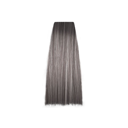 Smooth ash gray hair swatch with dark roots, ideal for salon color consultations and beauty styling.