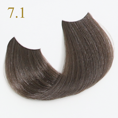 Hair color swatch 7.1, ash blonde tone for professional beauty styling