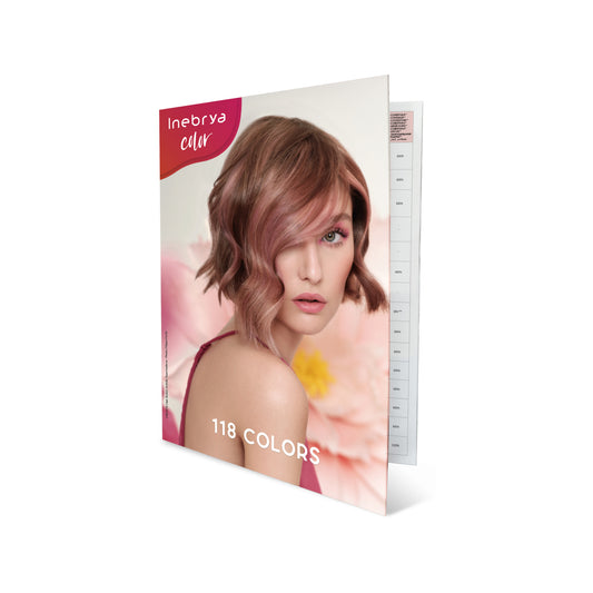 Inebrya Color hair dye brochure featuring 118 shades, model with pink-toned wavy bob, beauty salon product