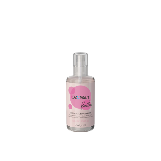 Icecream Keratin Restructuring Serum 100ml for hair repair and smoothing, pink label bottle with spray pump